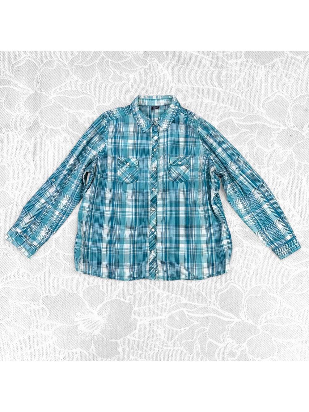 Faded Glory Teal and White Plaid Pearl Snap Long Sleeve Button-Up - 2X